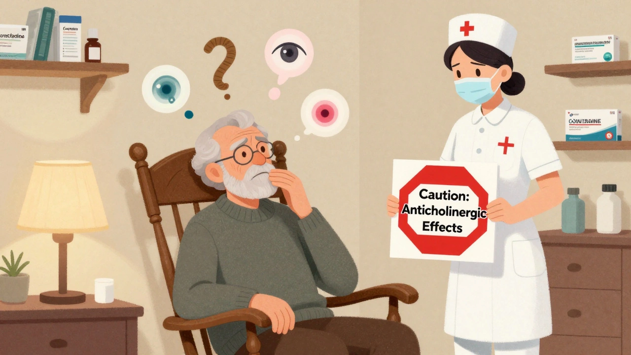 An elderly person surrounded by warning symbols of side effects, illustrated in soft storybook style with caution signs.