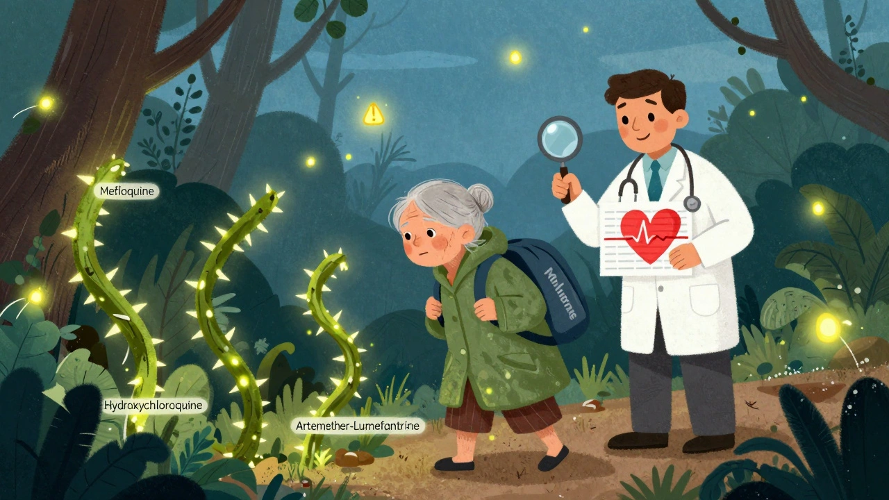An elderly traveler avoiding dangerous antimalarial vines while a doctor checks an ECG heart warning in a jungle setting.