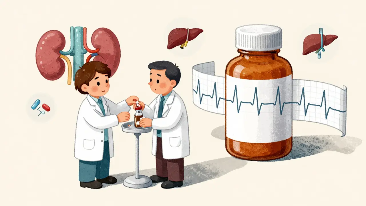 Doctor adjusting a digoxin dose while an amiodarone bottle casts a shadow over a bradycardia EKG strip.