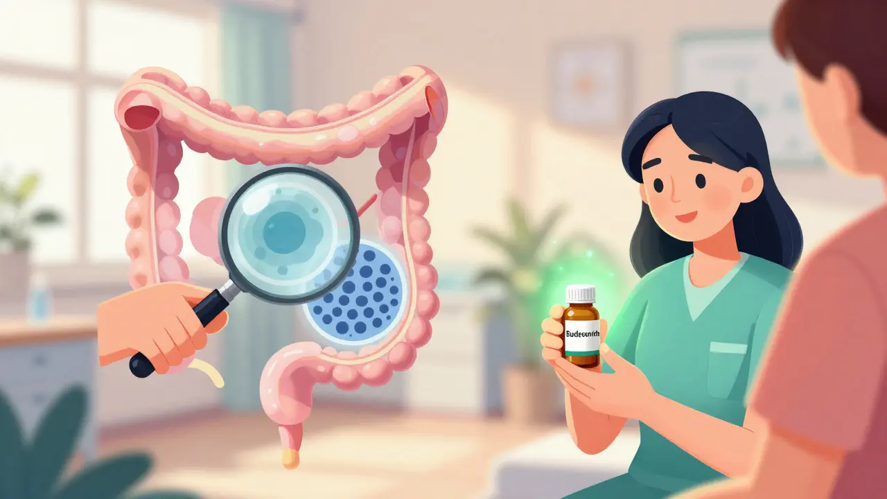 Doctor examining a colon with magnifying glass, showing two types of microscopic colitis beside a budesonide pill.