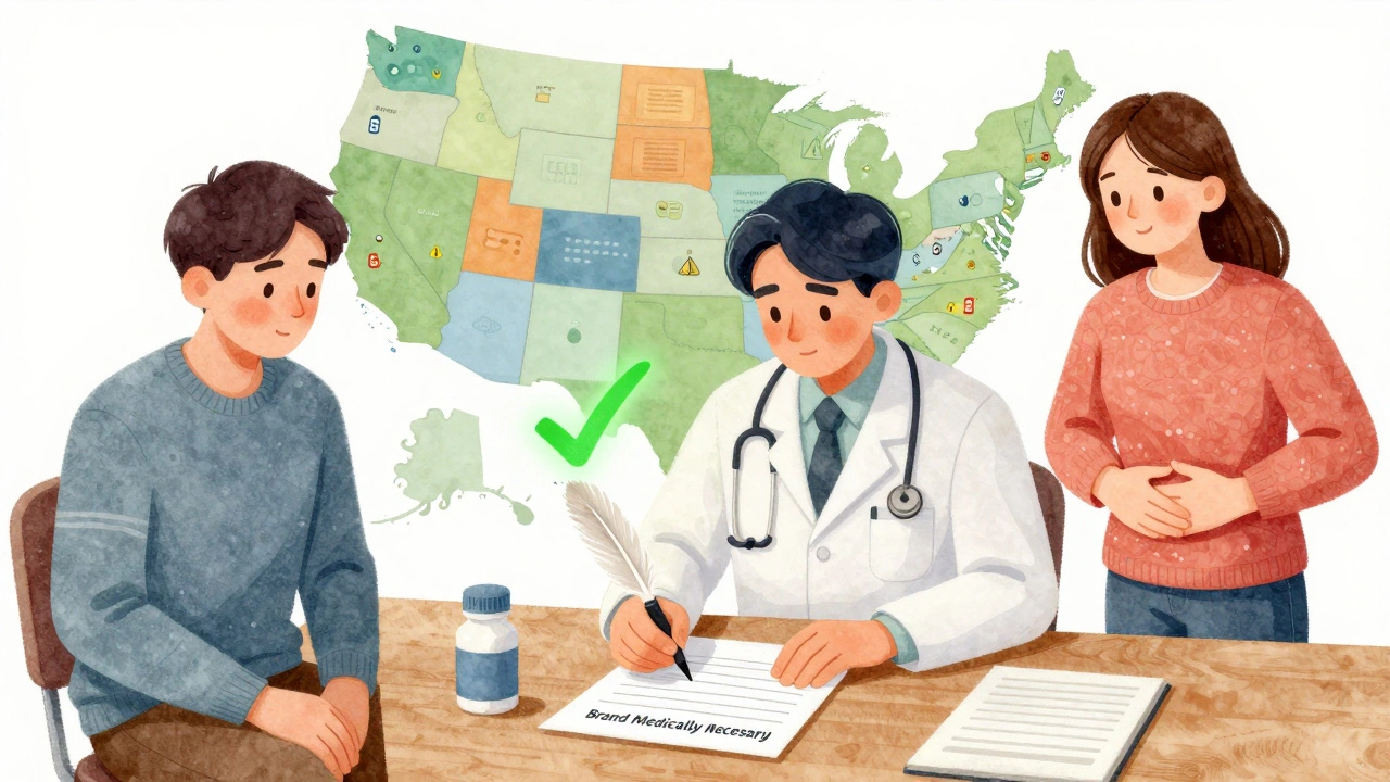 Doctor writing &#039;Brand Medically Necessary&#039; on a prescription while a split scene shows patient reactions to generic vs. brand medication.