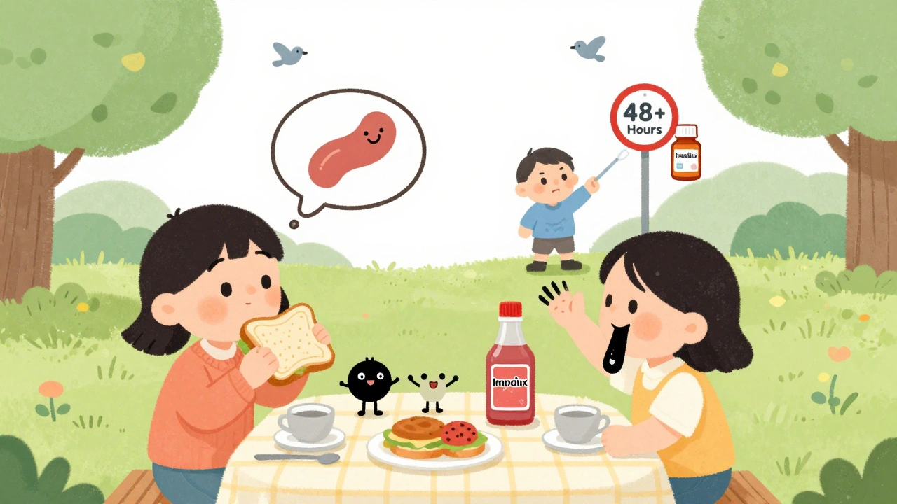 Family at picnic, one with happy gut, another with black tongue from Pepto-Bismol, clock showing 48+ hours.