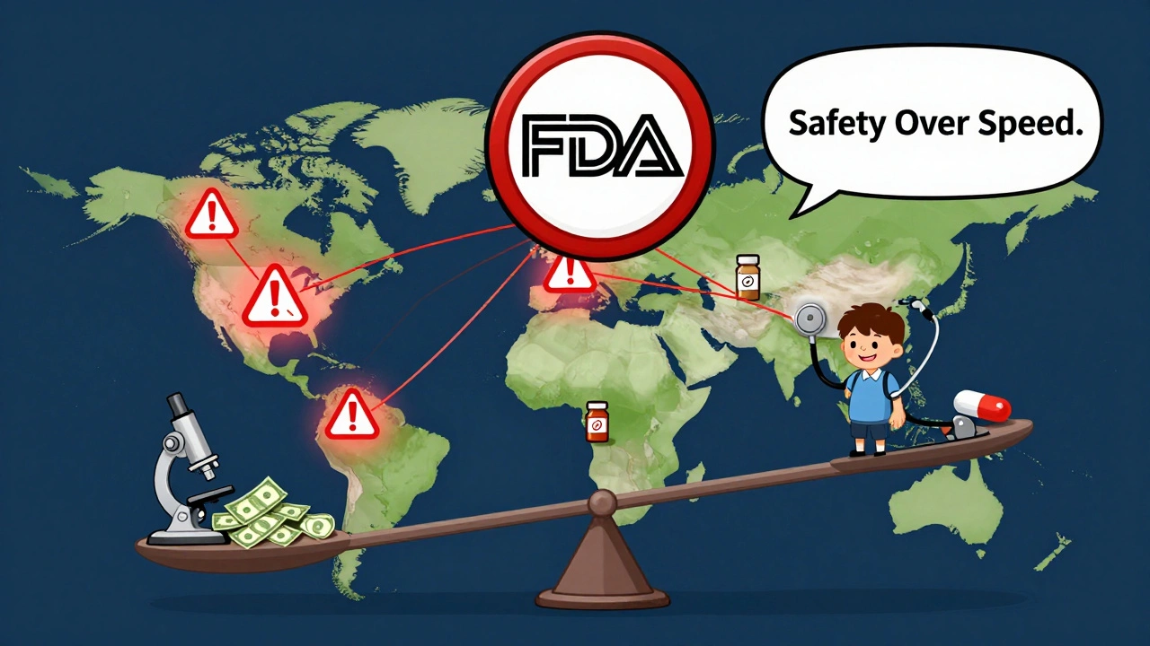 Global map with warning signs over factories, connected to a FDA seal, showing the impact on patient safety and drug quality.