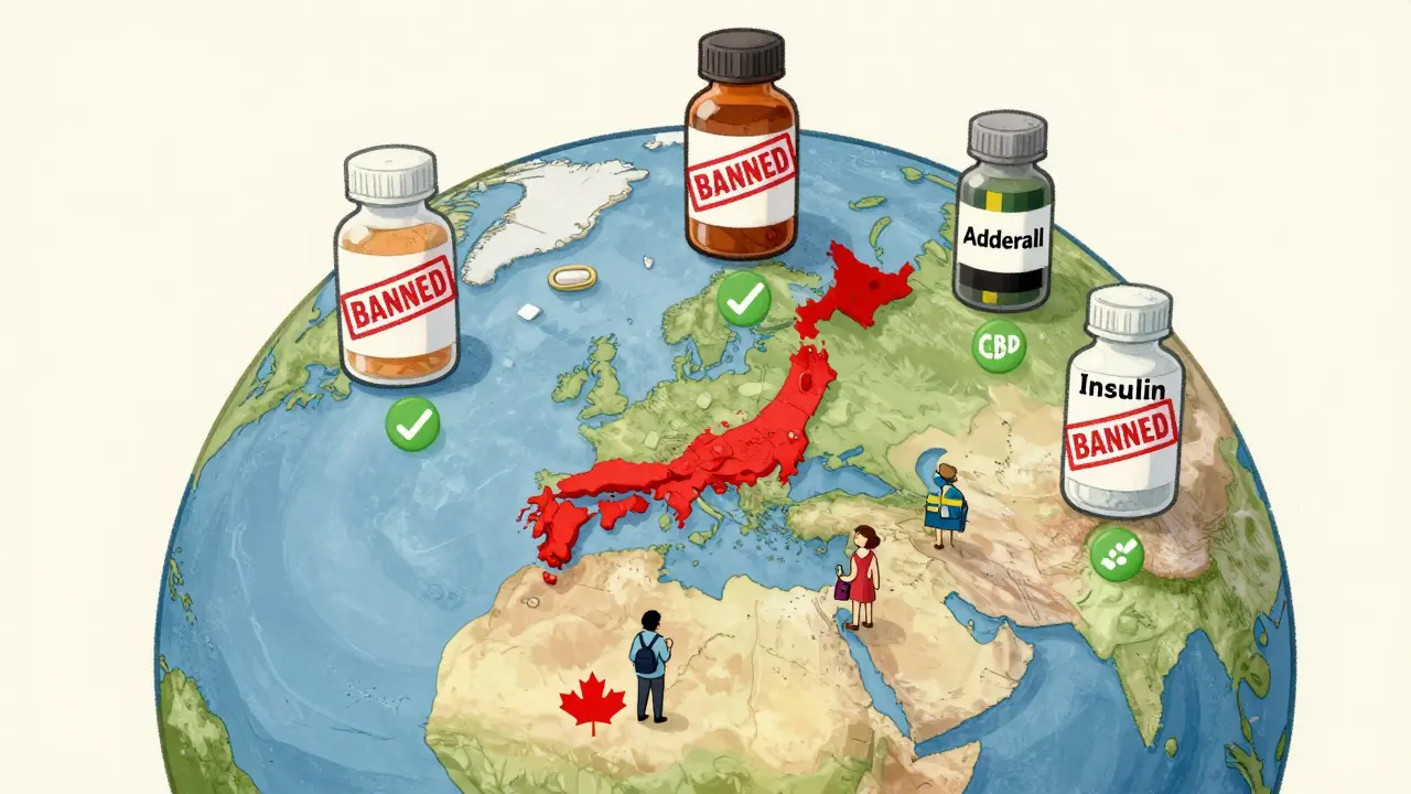Globe with banned medication bottles over Japan, UAE, and Sweden, and approved ones over Canada and UK in storybook map style.