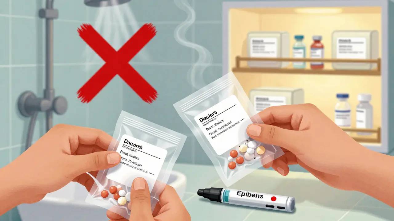 Hands sealing pills in vacuum pouches while epinephrine and insulin remain in original containers.