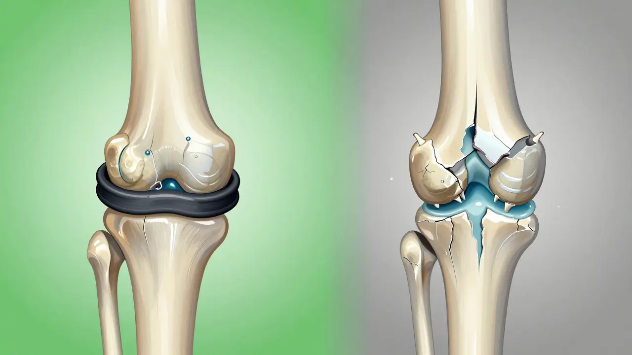 Illustrated cross-section of a healthy hip joint versus one with torn labrum and cartilage wear.