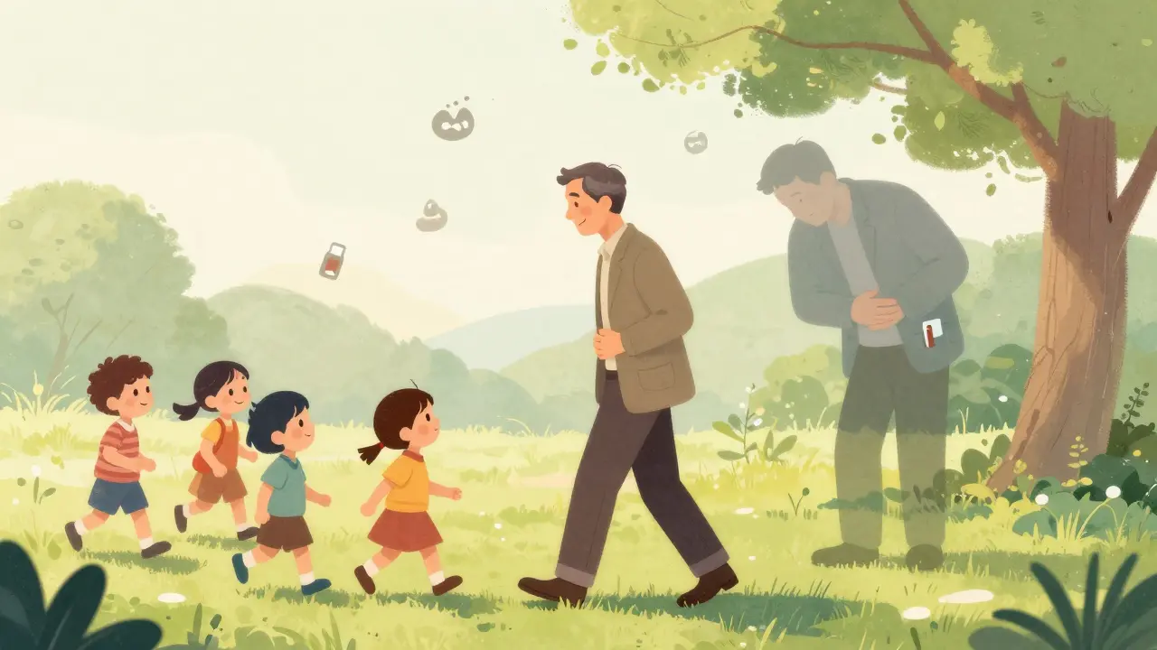 Man walking in park, leaving behind a shadowy version of his sick self, with budesonide pill in pocket.