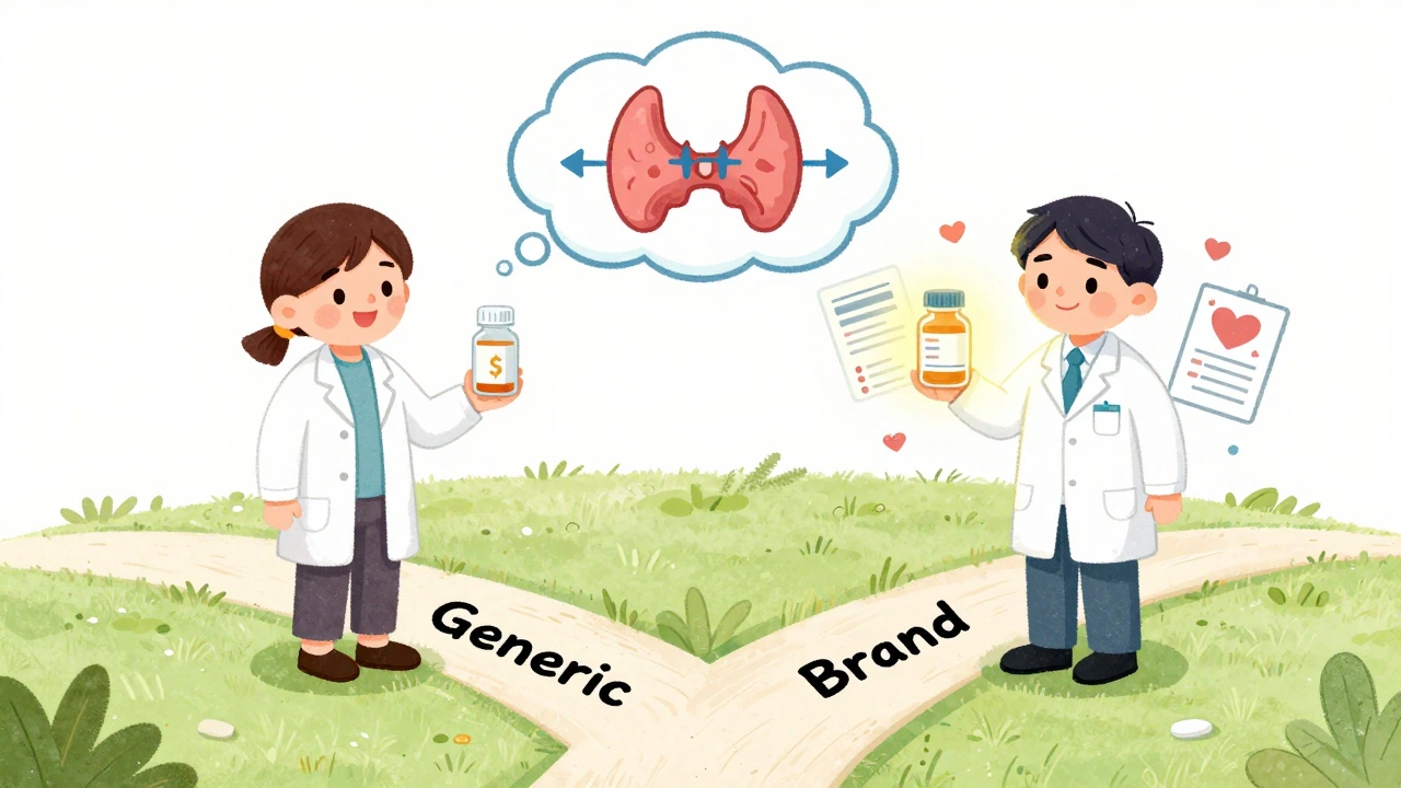 Patient choosing between generic and brand medication paths, guided by a prescription compass amid medical icons and emotional symbols.