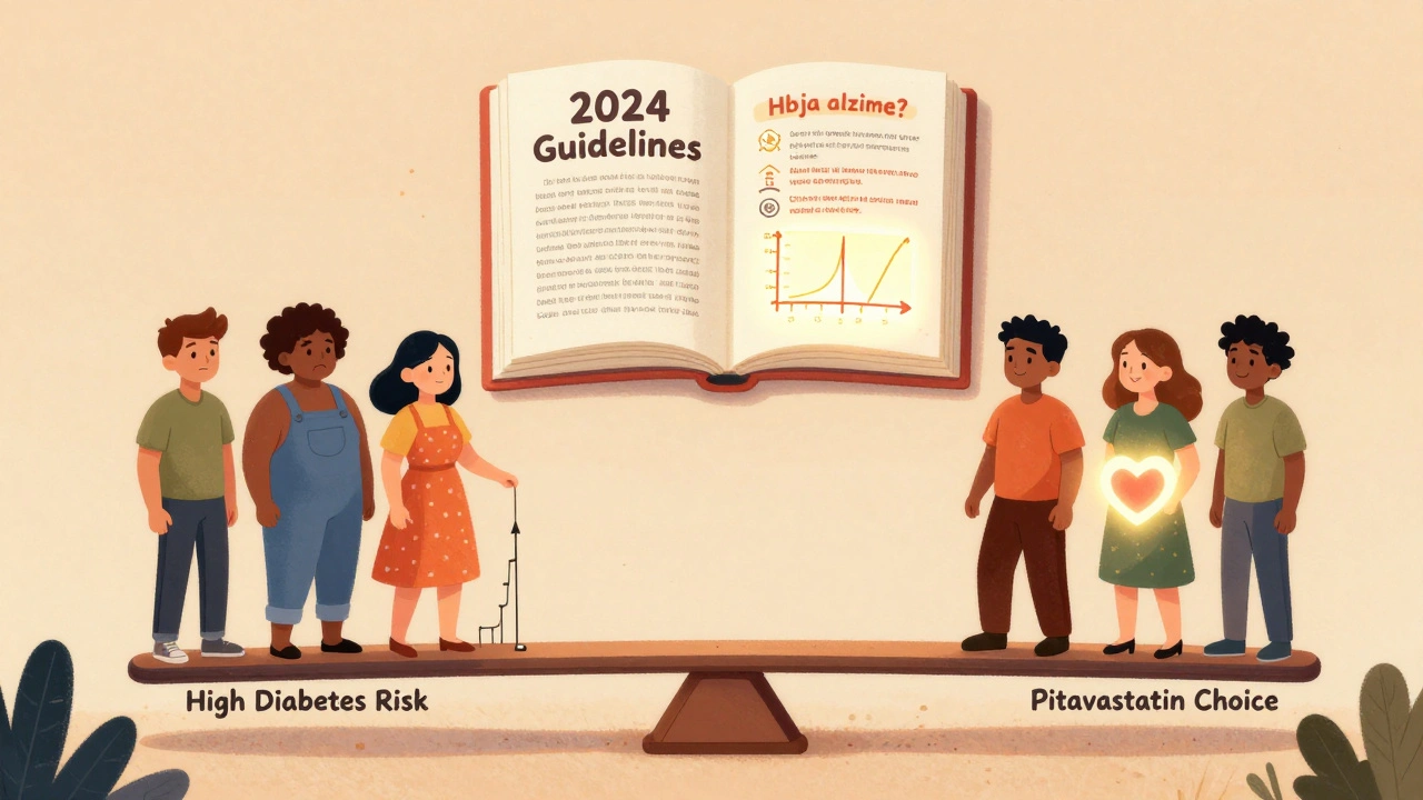 People on a seesaw divided by diabetes risk versus pitavastatin choice, with a glowing book showing medical guidelines in storybook art.