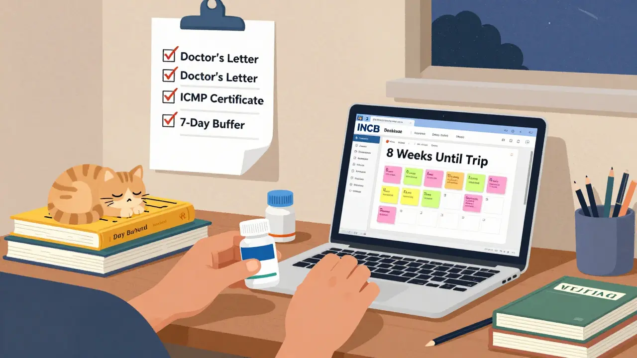 Person organizing medications at home with checklist, laptop showing INCB database, and calendar marking trip countdown.