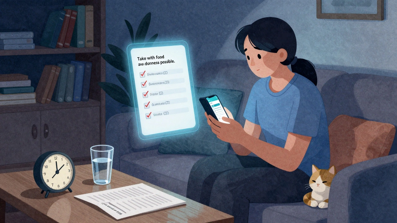 Person reviewing medication instructions on phone at home at night