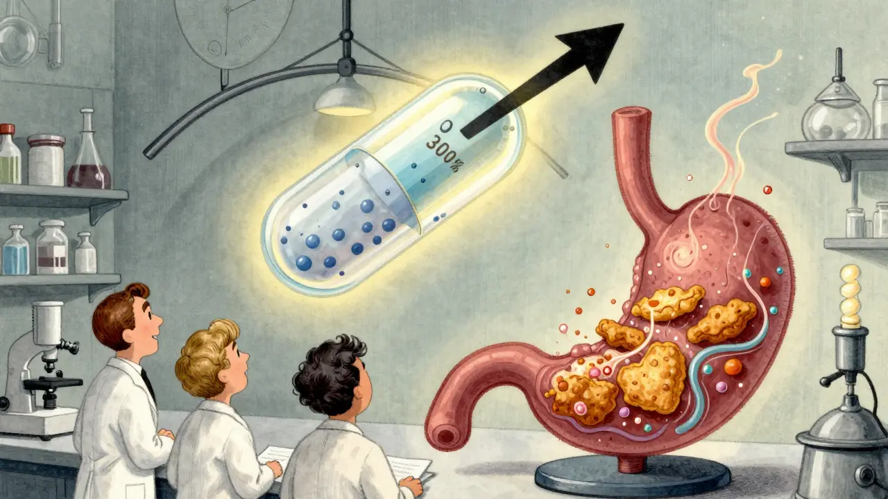 Scientists observing pills in empty and full stomachs with glowing digestive streams in a whimsical lab.