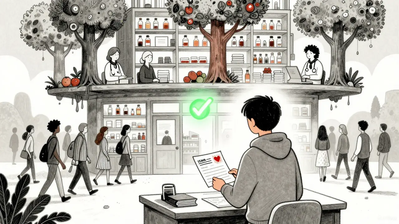 Someone mails a safety report as a magical pharmacy floats above, with people walking safely past below.