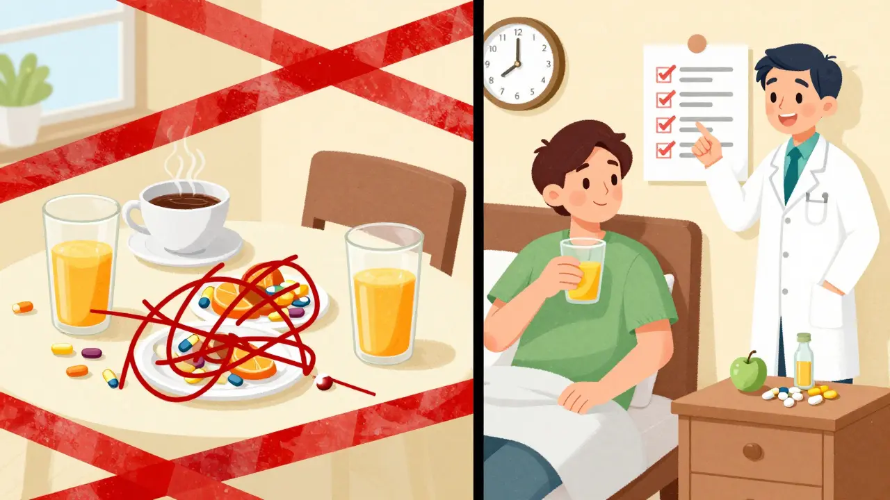 Split scene: chaotic breakfast with interfering foods vs. calm morning with apple juice and proper timing.