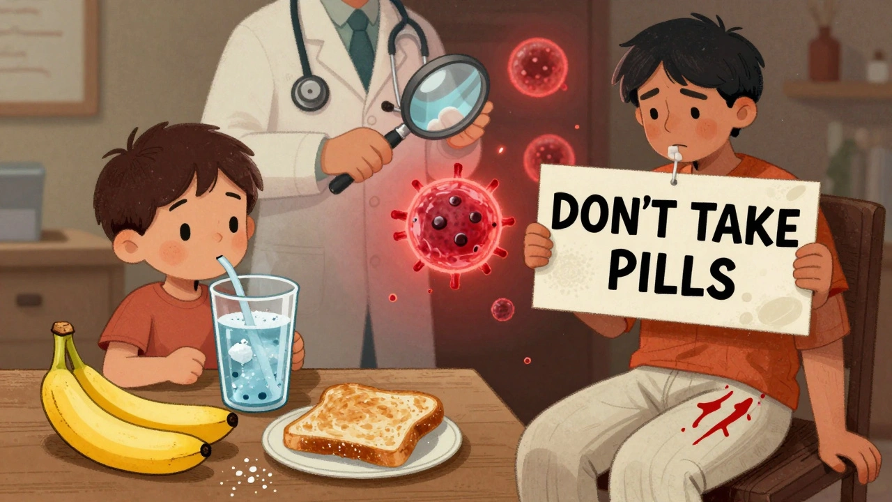 Split scene: child drinking rehydration solution vs adult with fever and bloody stool, warning sign visible.