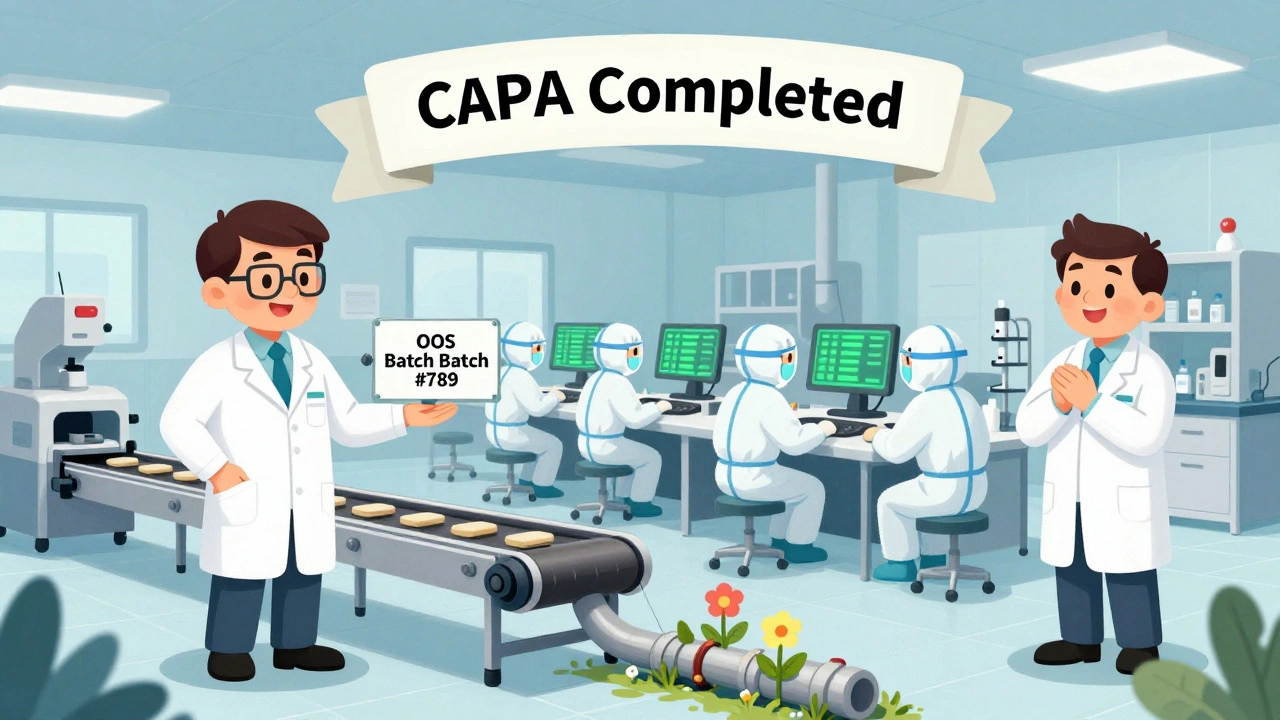 Split scene showing a pharmaceutical factory before and after fixing quality violations with proper procedures in place.