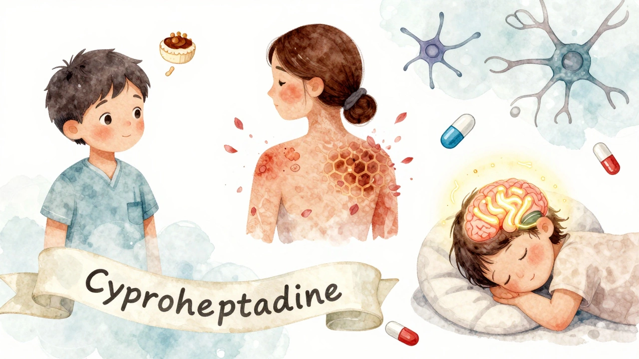 Three medical scenarios connected by a ribbon showing Periactin&#039;s uses for appetite, hives, and migraines in storybook art.