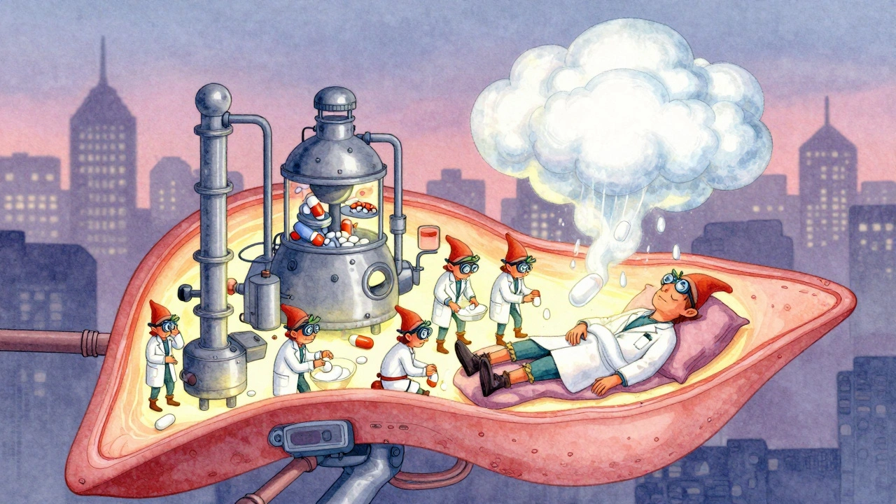 Tiny worker elves in a glowing liver process pills, with some struggling and one causing a dangerous morphine cloud.