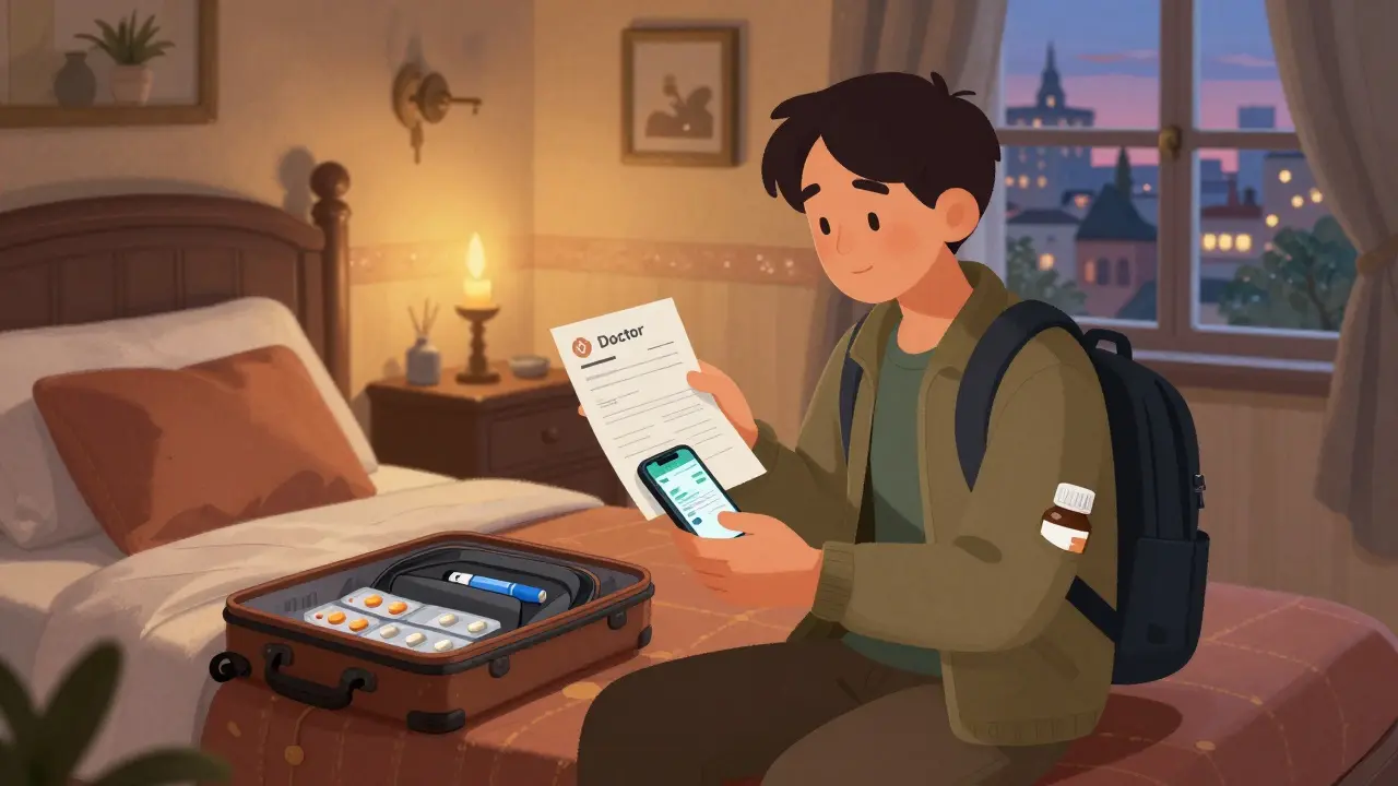 Traveler on hotel bed with doctor’s letter, cooling wallet, and meds in pocket, soft light shining on international city view.