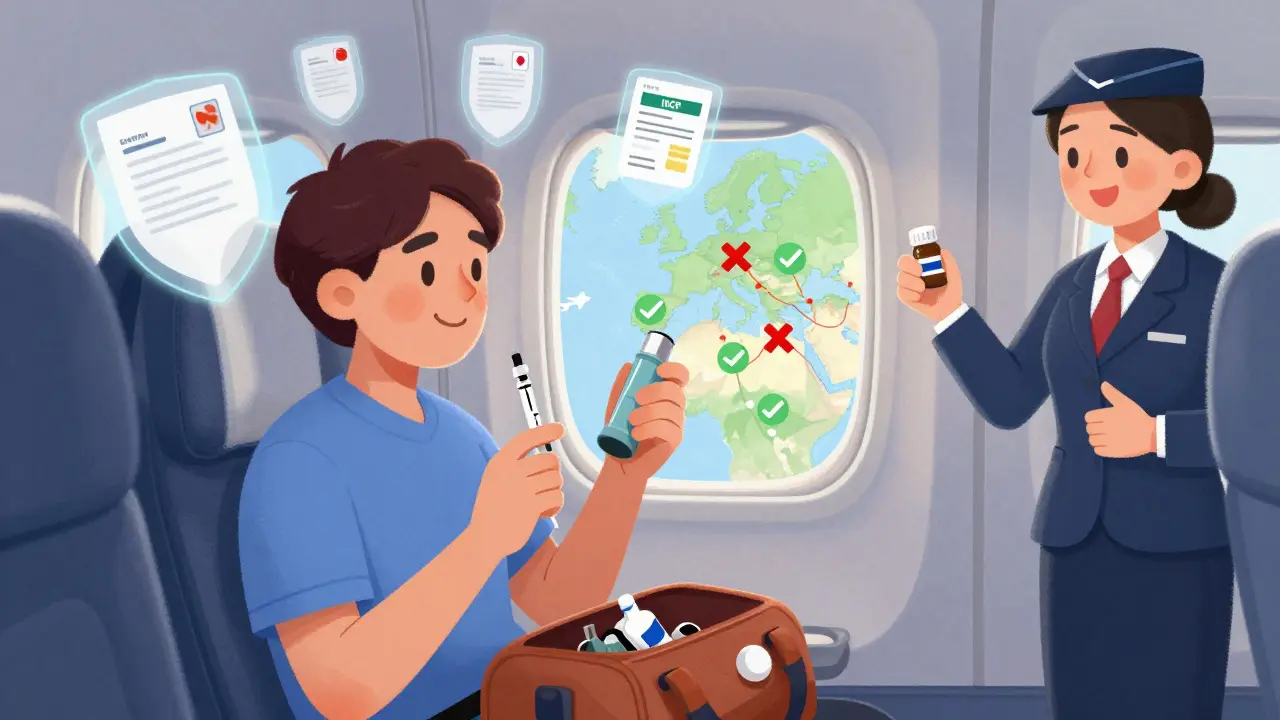 Traveler on plane with medical supplies and floating documents as protective shields, map showing allowed and banned countries.