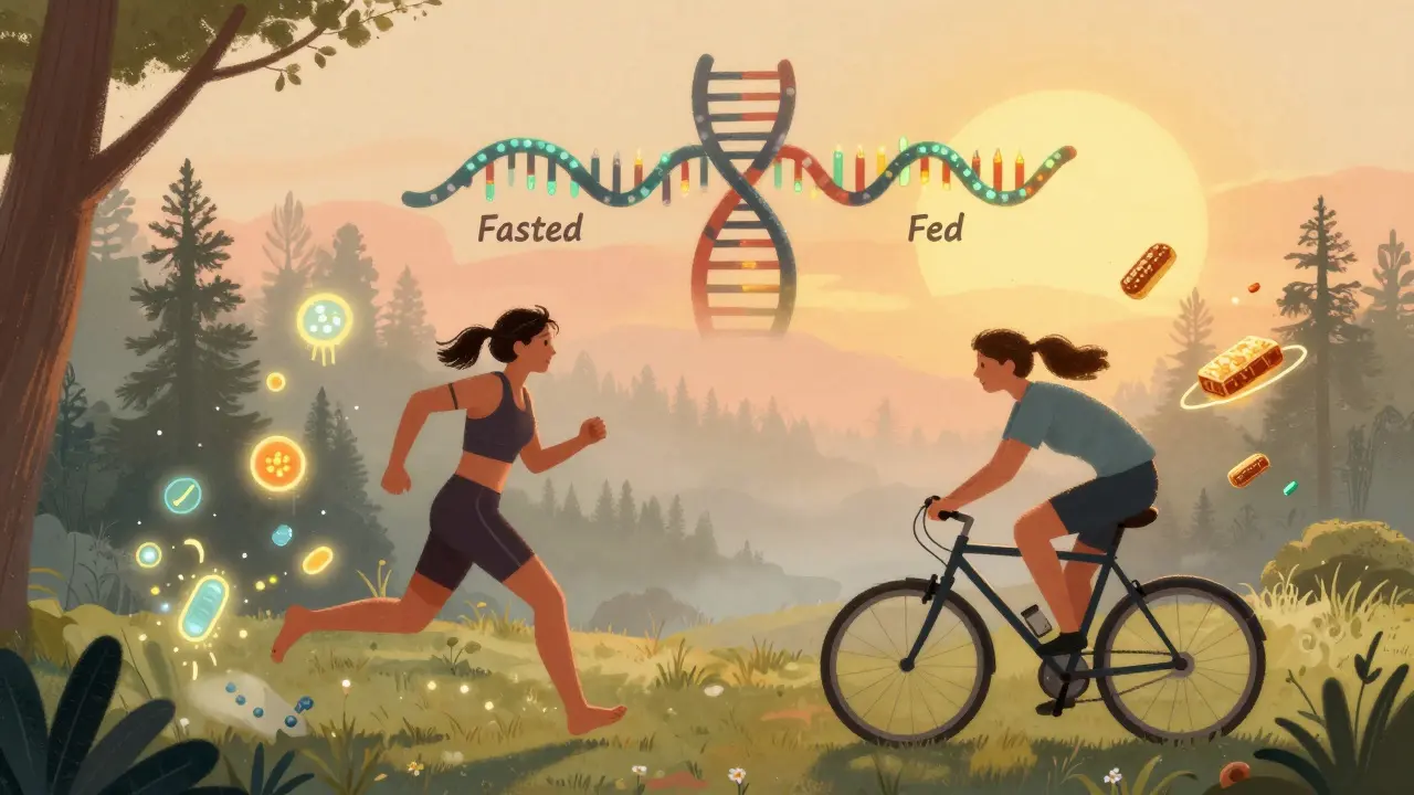 Two athletes training differently — one fasted in a forest, one fed under the sun — with genetic pathways above.