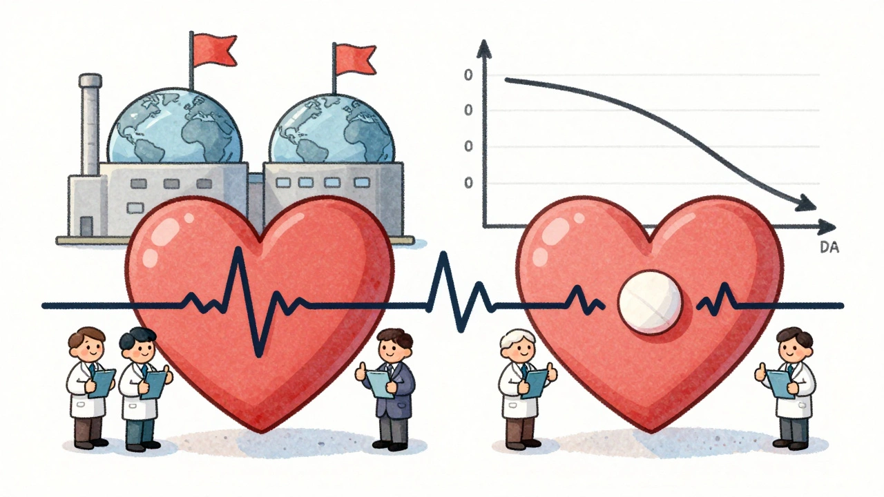 Two hearts receive brand and generic pills, both validated by smiling FDA inspectors in a whimsical storybook scene with a price graph.