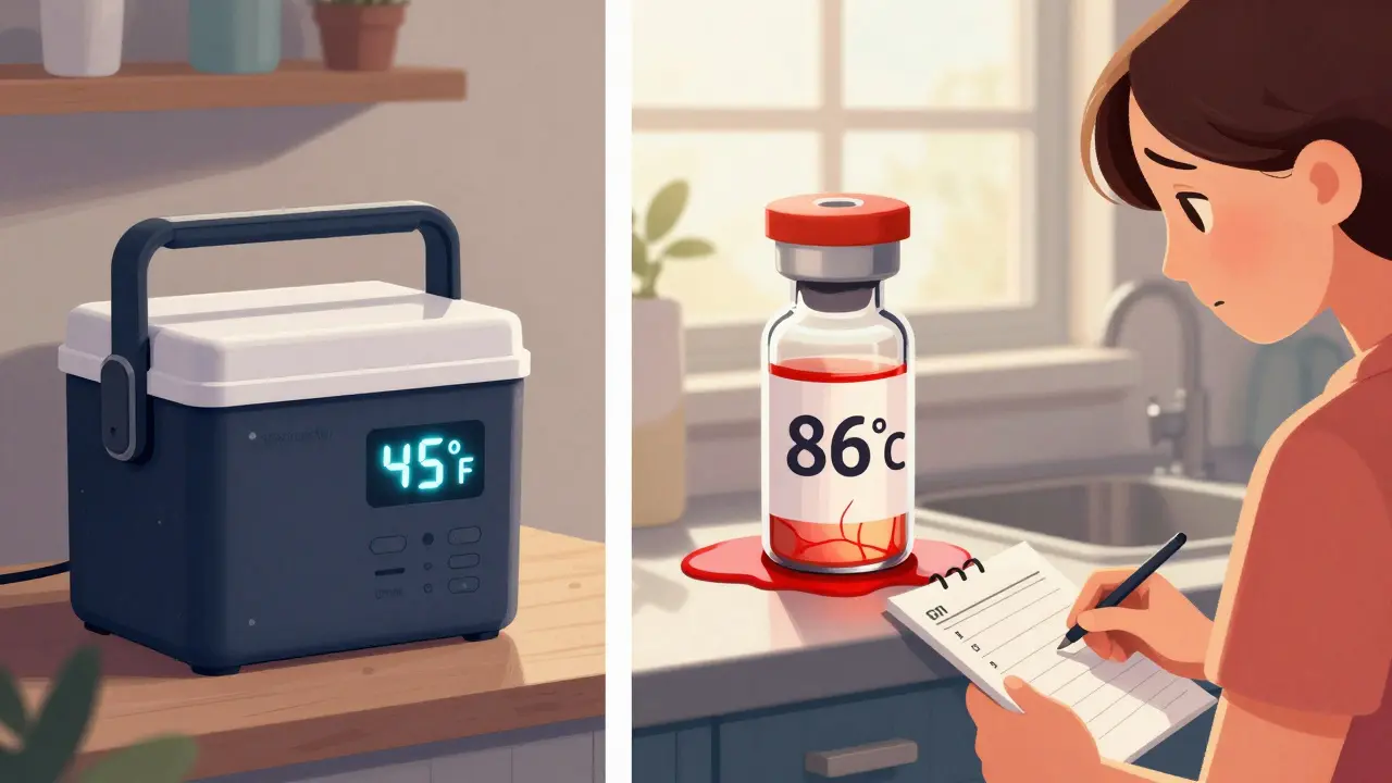 Two insulin vials: one safely cooled in a device, the other melting on a hot counter.