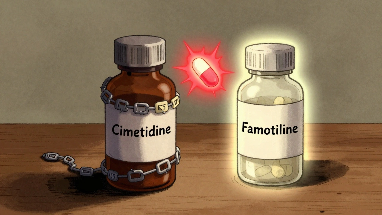 Two medicine bottles: one dangerous with enzyme chains, the other safe with a glowing halo.