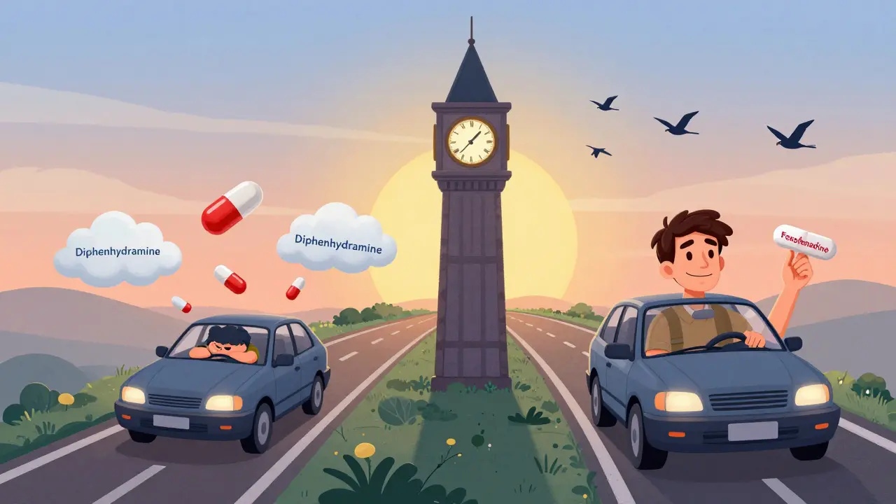 Two paths at dawn: one with a drowsy driver and sleepy clouds, another with a clear-headed driver and rising sun, symbolizing safe allergy medication.