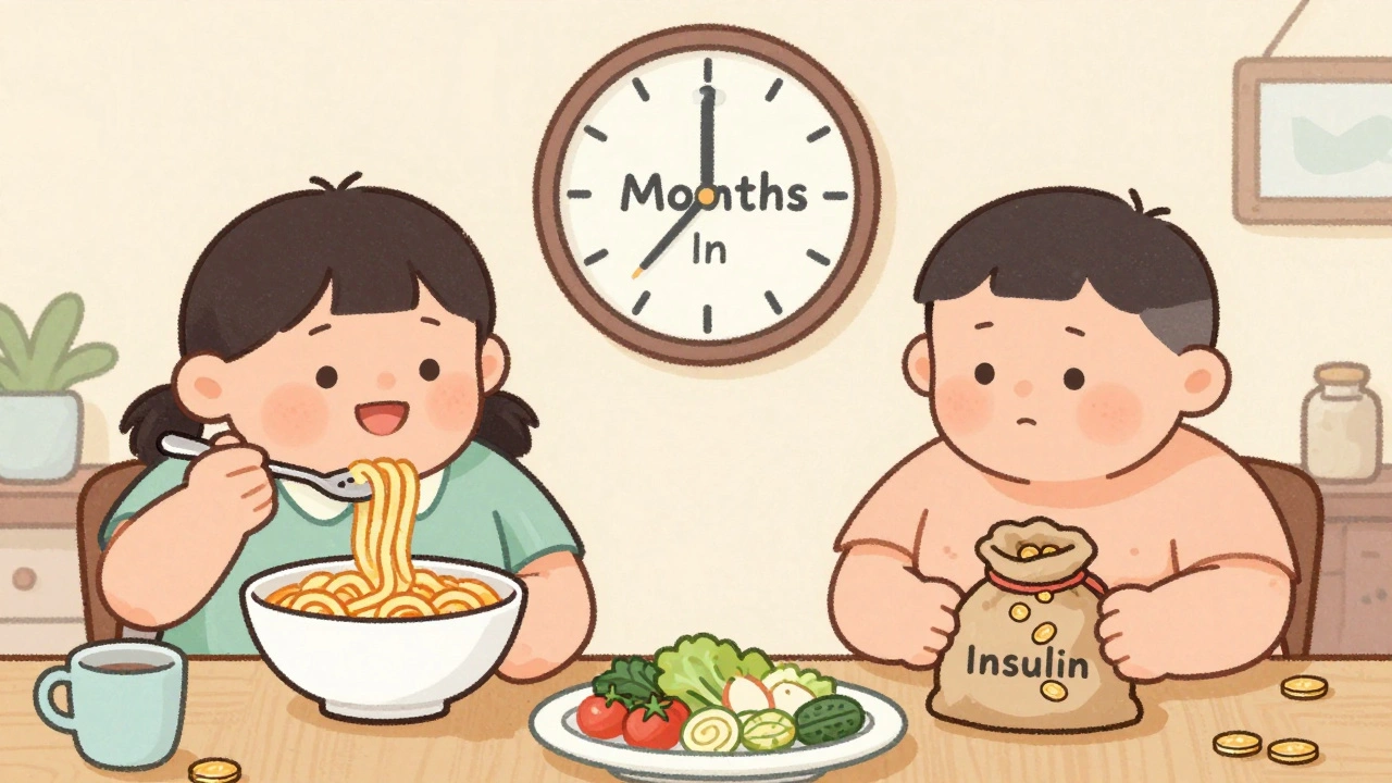 Two people in identical rooms: one gaining weight from insulin, the other ignoring food, with visual metaphors for metabolism.