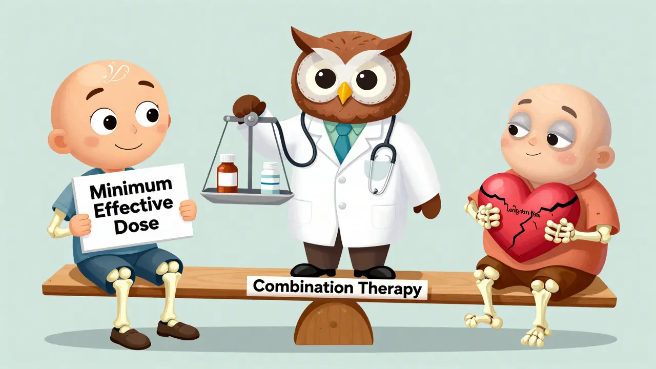 A balanced seesaw showing the benefits and risks of corticosteroids, guided by a wise owl in a lab coat.