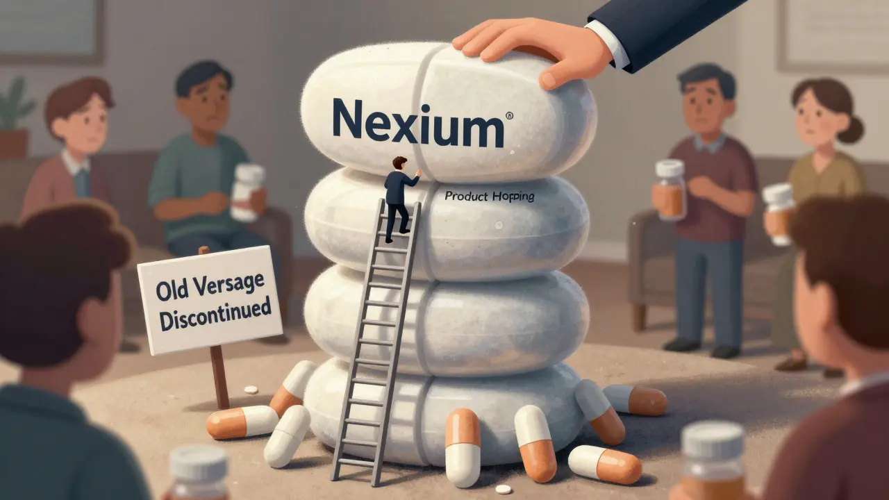 A branded pill tower with a ladder pulled up, while generic pills wait below as patients hold empty bottles.