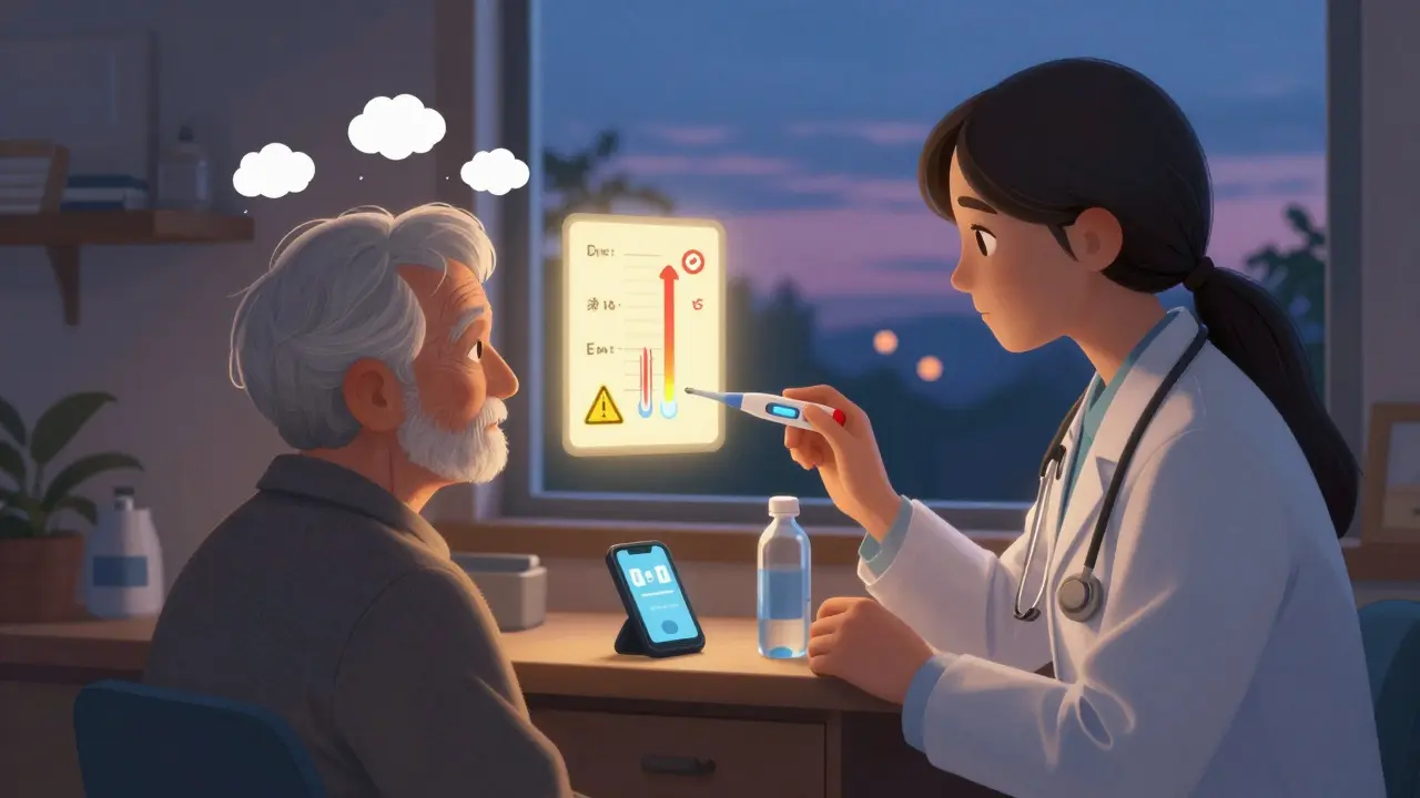 A caregiver checking an elderly person’s temperature as warning signs appear as soft glowing symbols above them.