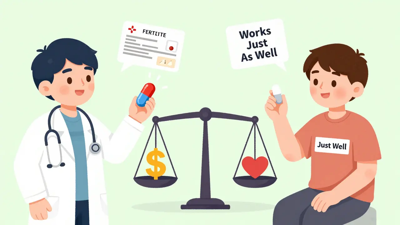 A doctor gives a new pill vs. an old generic—one heavy with cost, one light with care, in gentle storybook art.