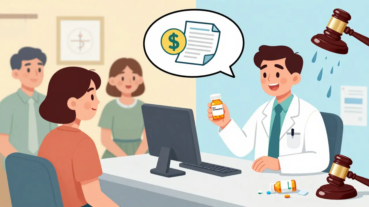 A doctor gives a patient a new branded pill while the old generic is thrown away, symbolizing product hopping.