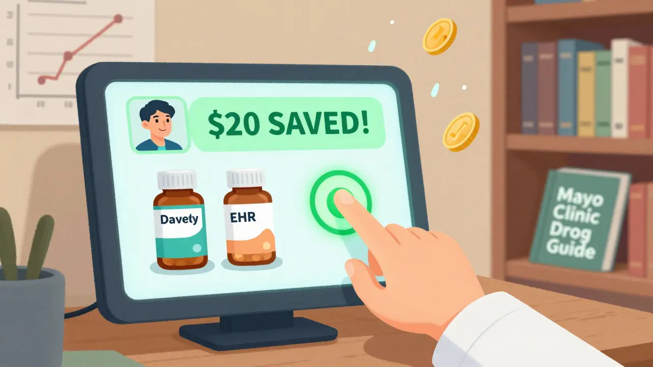 A doctor sees a cost-saving alert on an EHR screen, with a smiling patient above.