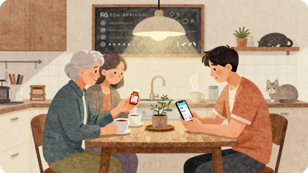 A Gen X parent mediates between older and younger generations over generic vs brand-name pills at a kitchen table with a chalkboard of FDA symbols.