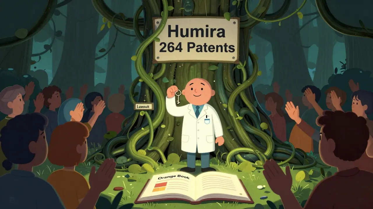 A generic drug maker facing a thicket of patent vines labeled with hundreds of legal barriers.