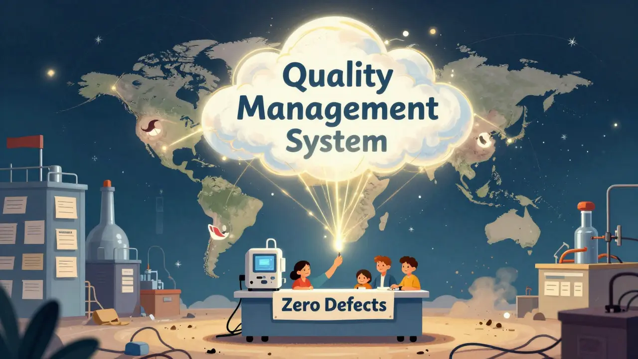 A glowing global quality system connecting factories, while a crumbling factory fades in the background.