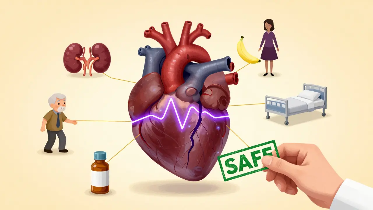 A heart with a cracked QT line surrounded by seven risk factors, being stamped safe by a doctor.