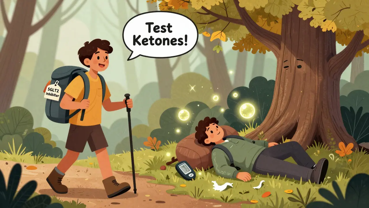A hiker split between wellness and collapse, with glowing ketones and a tree whispering to test for them.