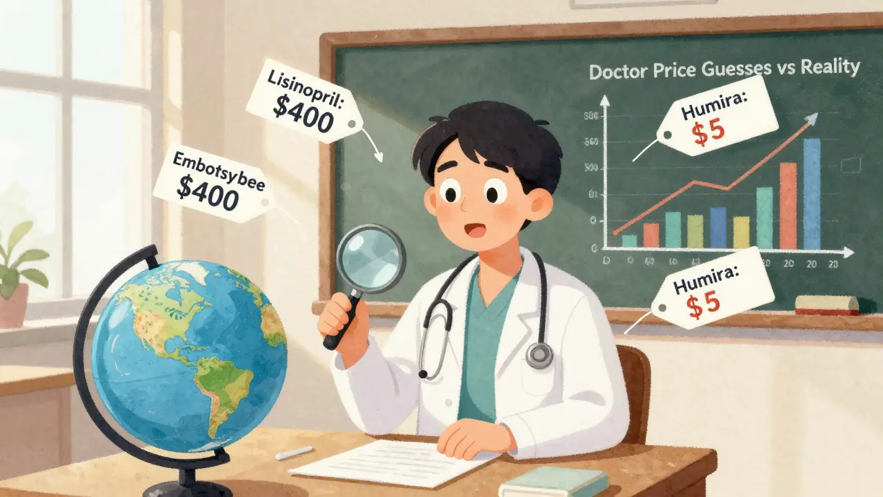 A medical student surrounded by floating, inaccurate drug prices in a classroom.