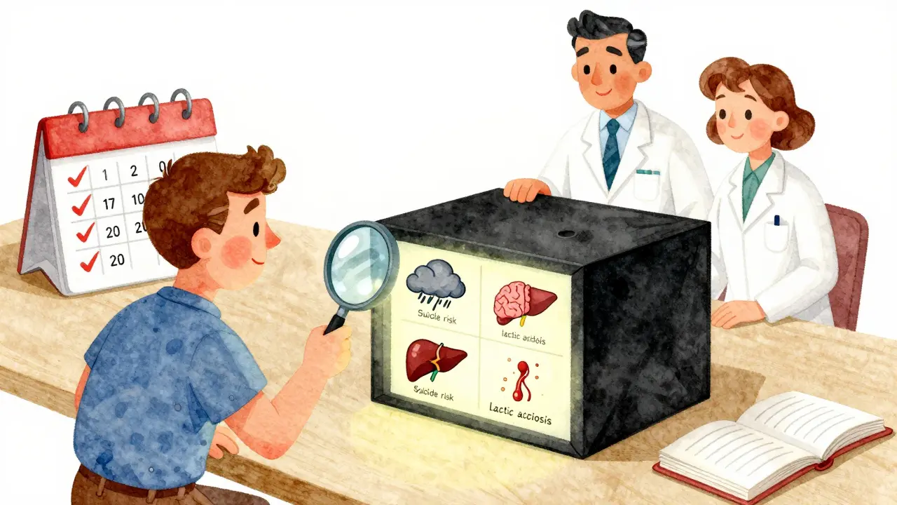 A patient examining a giant black box warning that reveals health risks through illustrated scenes, with medical supporters nearby.