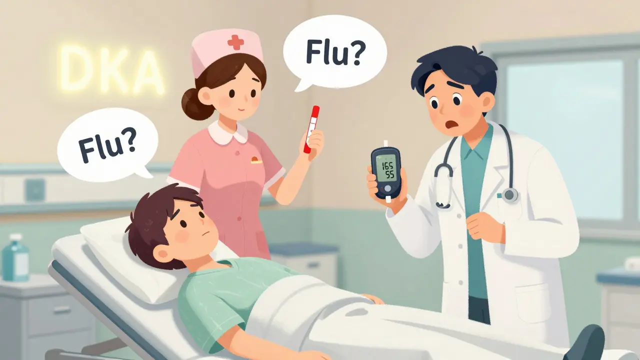 A patient in the ER with a positive ketone test as a doctor stares in shock at normal blood sugar numbers.