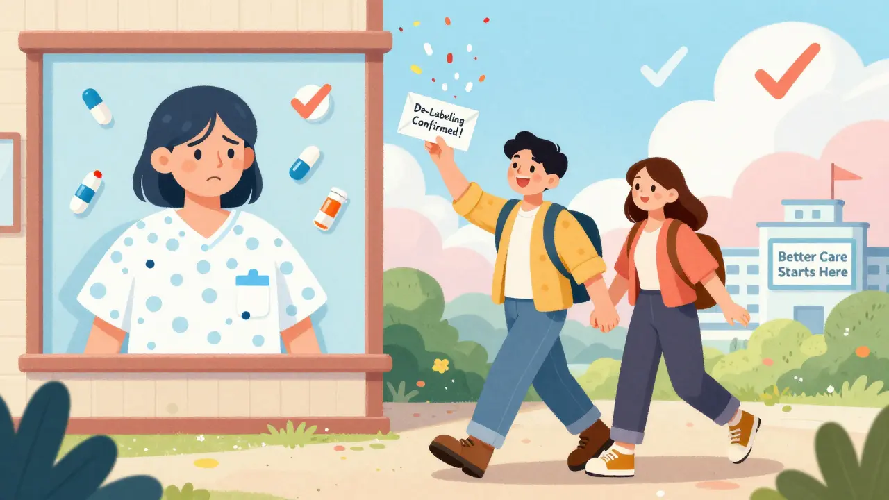 A person celebrates with a de-labeling letter as penicillin confetti falls, contrasting past hospital struggles with present freedom.