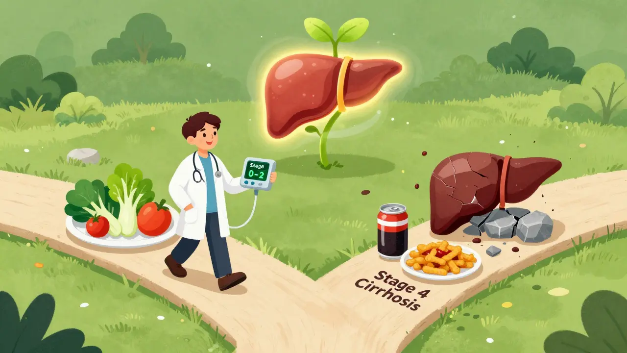 A person choosing between healthy and unhealthy paths for liver health, illustrated in storybook style.