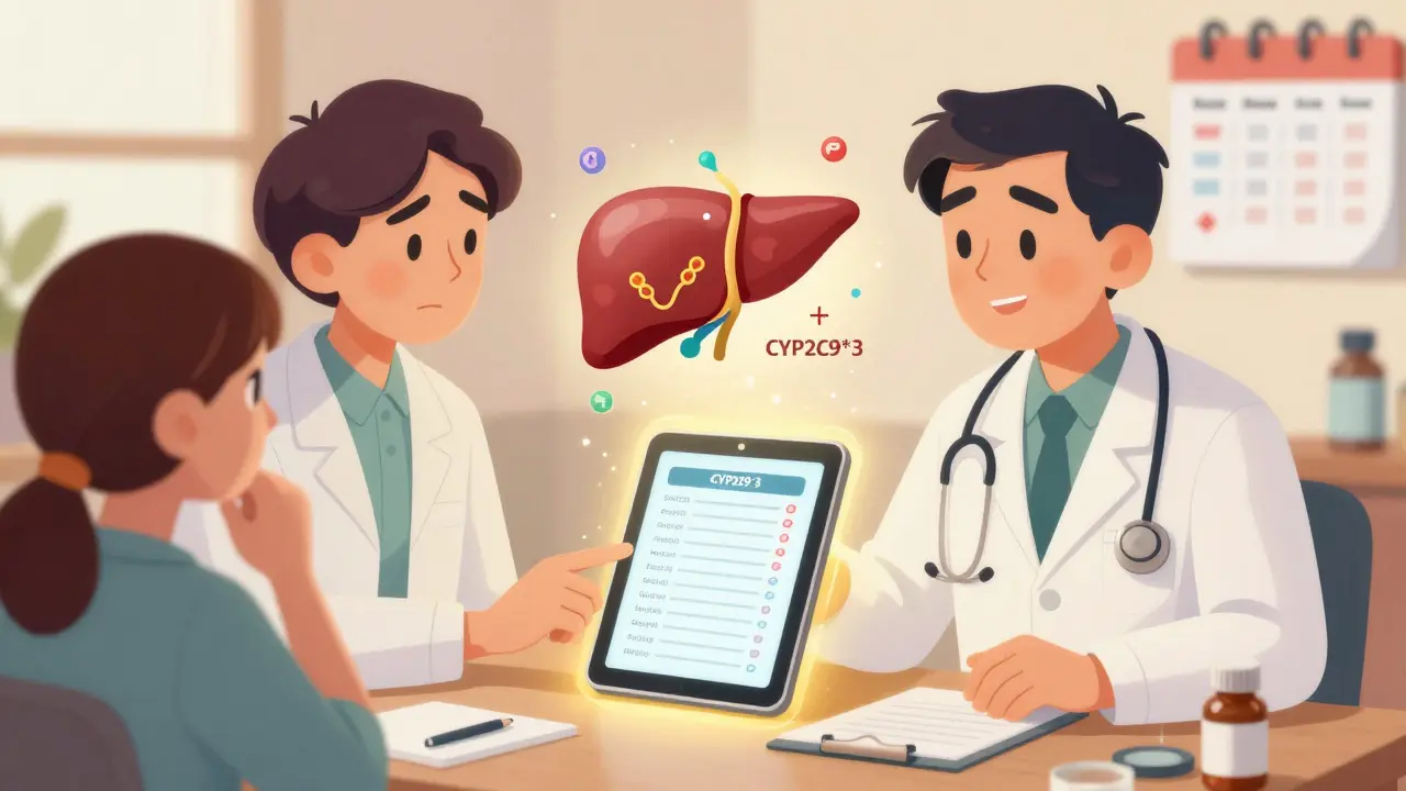 A pharmacist and doctor using a glowing liver model to personalize medication dosing for a patient.