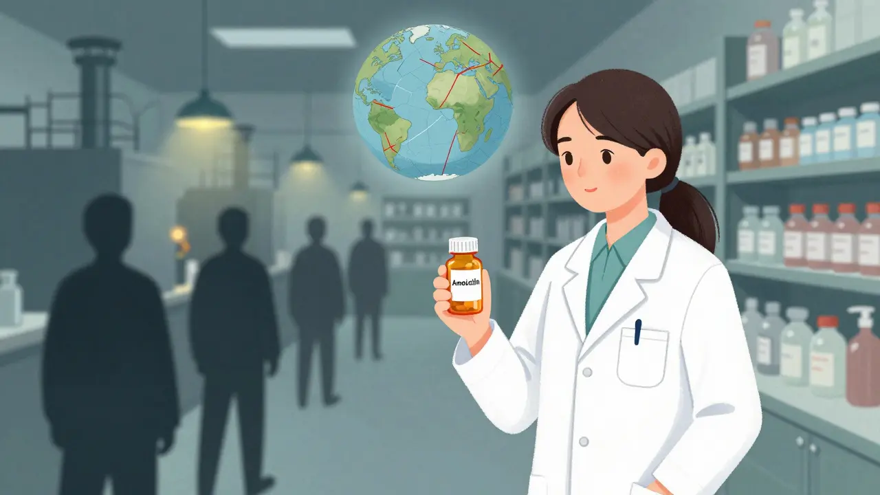 A pharmacist holding a single pill bottle as factories in China and India fade into darkness behind her.