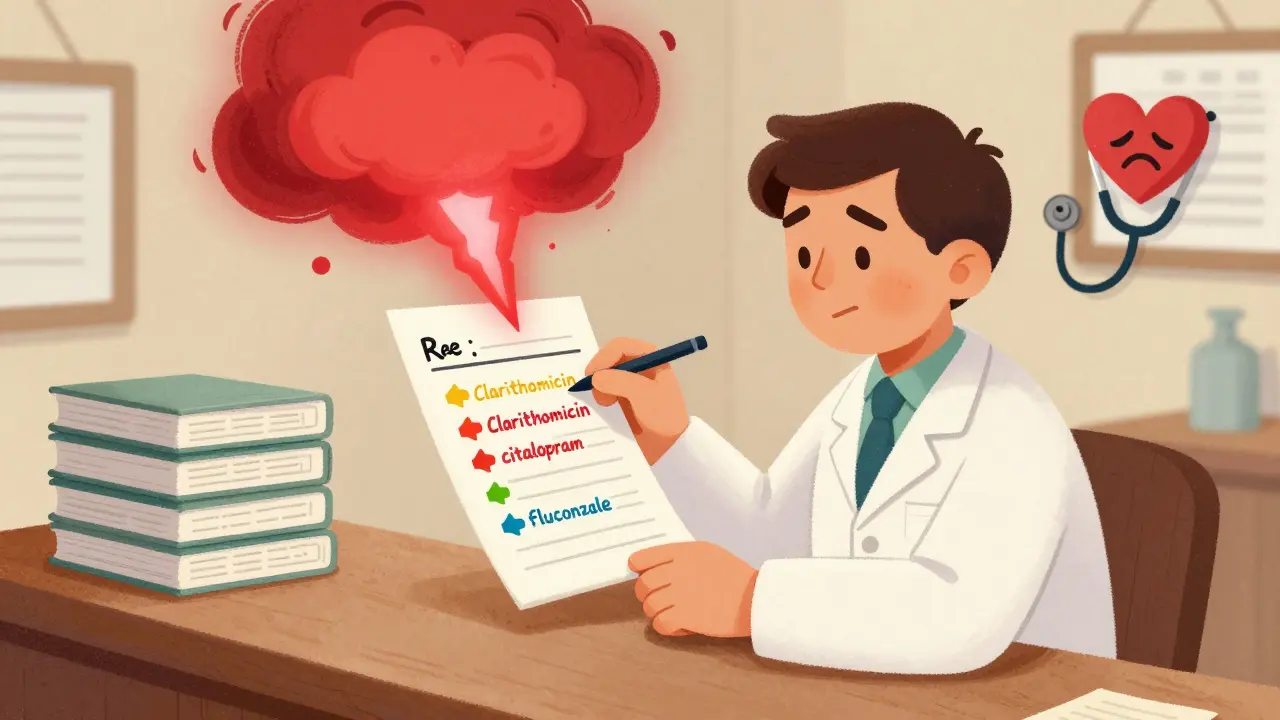 A pharmacist reviewing prescriptions with overlapping QT-prolonging drugs and a warning cloud above.