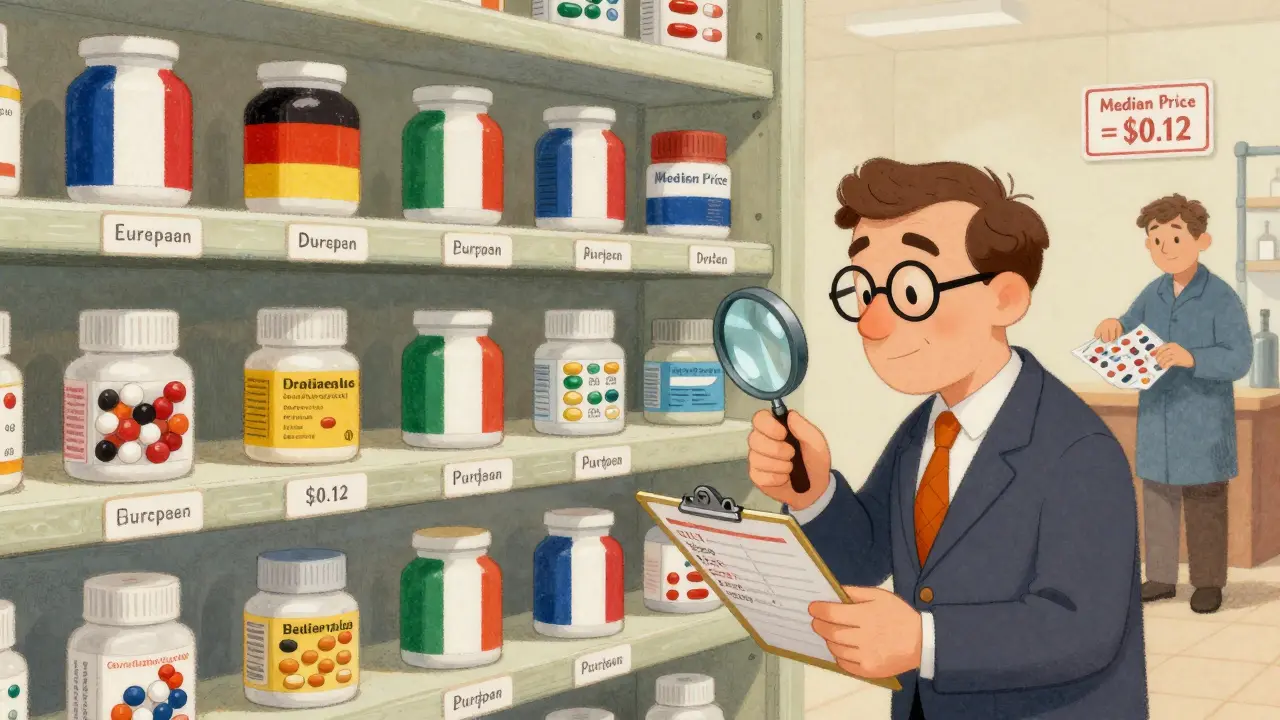 A pharmacy shelf with generic pills from European countries, compared by a government official using a magnifying glass.